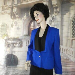Michelle Stuart Tuxedo Styled Blazer Size 14 Royal Blue w Black Collar Women's